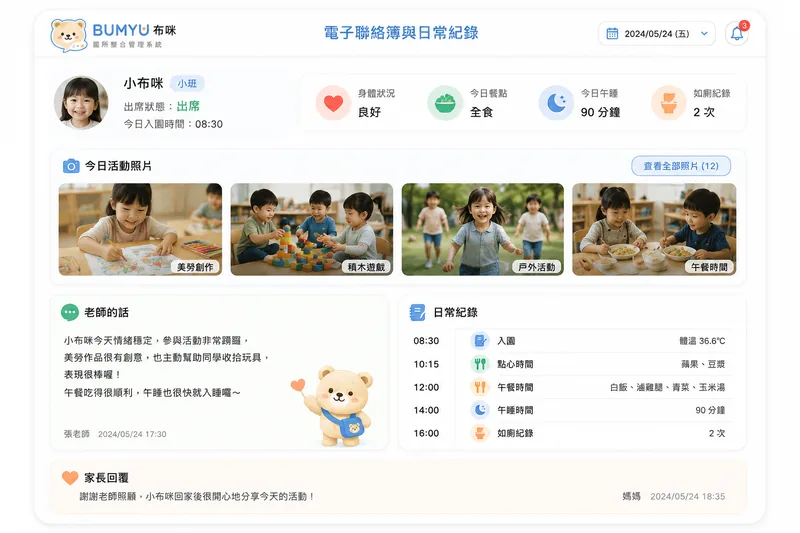 幼兒園聯絡簿畫面示意:當日照護紀錄、活動照片與老師留言
